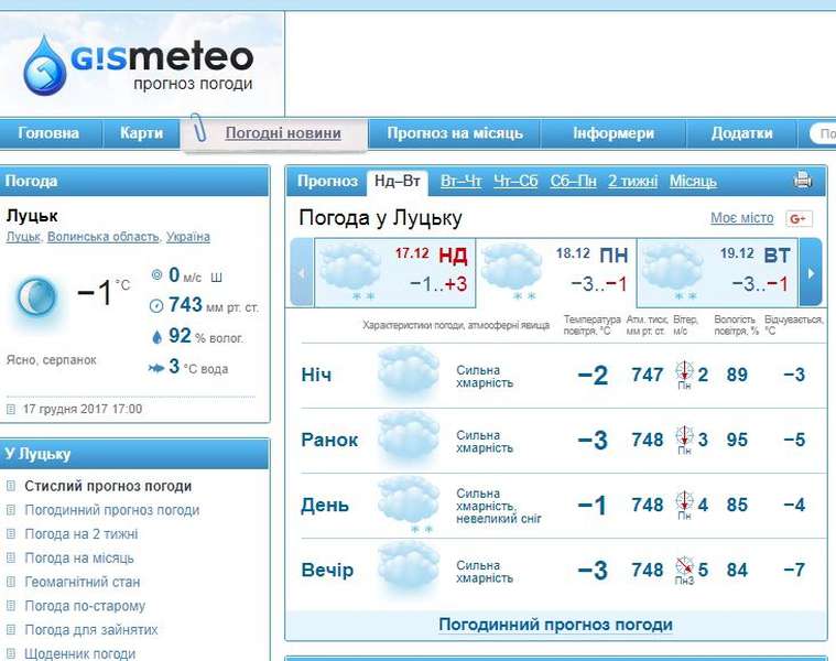 Похмуро і без опадів: прогноз погоди у Луцьку на 18 грудня
