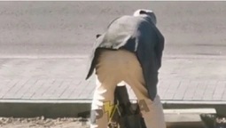 Дивна крадіжка: дід засунув бордюр до рюкзака у центрі Луцька (відео)