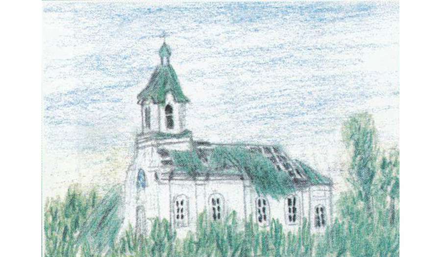 Покровська церква після бурі без даху на малюнку Ірини Левчанівської><span class=