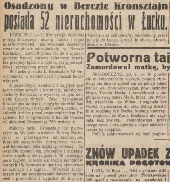 Замітка про Леона Кронштейна, опублікована в газеті «Echo», 30 липня 1938 року, № 209