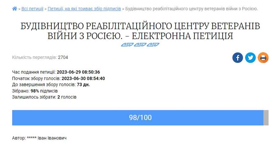 Остання петиція на сайті Ківерцівської міськради